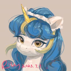 Size: 2300x2300 | Tagged: safe, artist:rily, oc, pony, unicorn, curly hair, female, high res, looking at you, smiling, solo