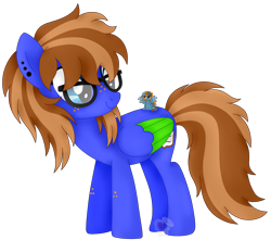 Size: 4604x4076 | Tagged: safe, artist:pure-blue-heart, oc, oc only, oc:bluebook, oc:skittle, pegasus, pony, colored wings, ear piercing, earring, female, floppy ears, freckles, glasses, jewelry, mare, micro, nonbinary, pegasus oc, piercing, solo, tiny, two toned mane, wings