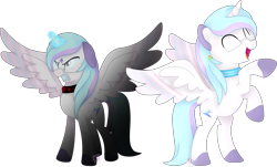 Size: 4600x2782 | Tagged: safe, artist:pure-blue-heart, oc, oc:winter solstice, alicorn, pony, ^^, agender, alicorn oc, angry, choker, colored hooves, commission, duality, ears back, eyes closed, glasses, glowing, glowing eyes, glowing horn, horn, magic, rearing, simple background, smiling, solo, spread wings, striped wings, transparent background, two toned mane, wings