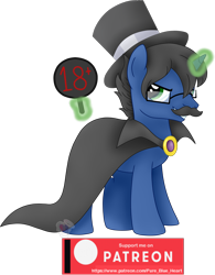 Size: 2208x2834 | Tagged: safe, artist:pure-blue-heart, oc, oc only, oc:digital wrench, pony, unicorn, black mane, brooch, cape, clasp, clothes, fake moustache, glasses, green eyes, green magic, hat, high res, horn, jewelry, magic, male, patreon, patreon reward, sign, simple background, solo, stallion, stallion oc, telekinesis, top hat, transparent background, unicorn oc