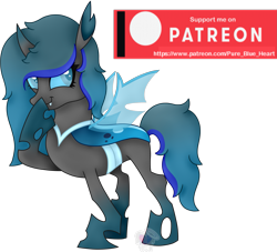 Size: 2121x1924 | Tagged: safe, artist:pure-blue-heart, oc, oc only, oc:lilo, changeling, blue changeling, changeling oc, fangs, female, giggling, gradient hooves, hoof over mouth, mare, patreon, patreon reward, simple background, solo, transparent background, two toned mane