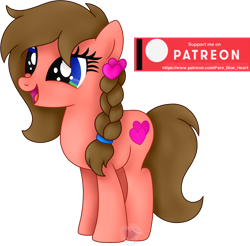 Size: 1836x1804 | Tagged: safe, artist:pure-blue-heart, oc, oc:heartstrung, earth pony, pony, braid, brown mane, earth pony oc, hairclip, heart, heterochromia, patreon, patreon reward, simple background, smiling, solo, transparent background
