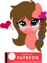 Size: 1077x1455 | Tagged: safe, artist:pure-blue-heart, oc, oc only, oc:heartstrung, pony, blushing, braid, brown mane, bust, female, hairclip, heart, heterochromia, mare, patreon, patreon reward, portrait, simple background, solo, transparent background