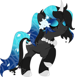 Size: 2708x2799 | Tagged: safe, artist:pure-blue-heart, oc, oc only, original species, pond pony, pony, unicorn, closed species, colored hooves, commission, eyes closed, eyeshadow, female, flower, flower in hair, freckles, high res, horn, makeup, mare, simple background, solo, transparent background, two toned mane, unicorn oc, water