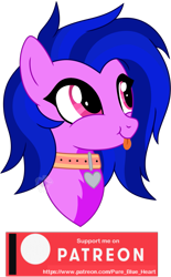 Size: 957x1542 | Tagged: safe, artist:pure-blue-heart, oc, oc only, earth pony, pony, :p, bust, collar, earth pony oc, heart, patreon, patreon reward, pink eyes, portrait, simple background, tongue out, transparent background, two toned mane