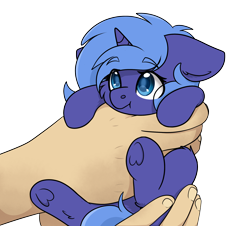 Size: 2364x2133 | Tagged: safe, artist:rokosmith26, princess luna, alicorn, pony, g4, cheek fluff, commission, cute, female, filly, floppy ears, hand, high res, holding, holding a pony, horn, in goliath's palm, looking up, mare, moderate dark skin, simple background, size difference, solo, transparent background, underhoof, woona, ych example, young luna, younger, your character here