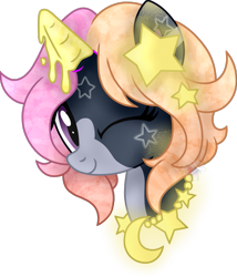 Size: 785x919 | Tagged: safe, artist:pure-blue-heart, oc, oc only, oc:celeste goldrush, food pony, ice cream pony, pony, unicorn, closed species, female, food, gift art, glowing, horn, ice cream, mare, one eye closed, ponified, simple background, stars, transparent background, unicorn oc, wink
