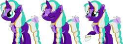 Size: 3932x1409 | Tagged: safe, artist:pure-blue-heart, oc, oc:victoria bellflutter, butterfly, pony, unicorn, bell, bell collar, booties, braid, braided tail, collar, ear piercing, earring, eyes closed, female, freckles, heart eye shine, horn, jewelry, mare, open mouth, piercing, png-tuber, raised hoof, simple background, tail, talking, transparent background, unicorn oc