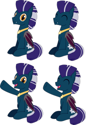 Size: 2412x3477 | Tagged: safe, artist:pure-blue-heart, oc, oc only, oc:heartfang, bat pony, bat pony oc, closed mouth, commission, eyes closed, fangs, folded wings, golden eyes, high res, jewelry, male, necklace, open mouth, png-tuber, raised hoof, simple background, sitting, stallion, talking, transparent background, two toned mane, wings