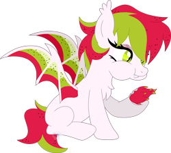 Size: 2839x2544 | Tagged: safe, artist:pure-blue-heart, oc, oc only, bat pony, pony, base used, bat pony oc, chest fluff, commission, dragon fruit, eating, green eyes, herbivore, high res, simple background, sitting, solo, transparent background, two toned mane