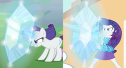 Size: 1260x685 | Tagged: safe, rarity, human, unicorn, equestria girls, equestria girls specials, g4, my little pony equestria girls: better together, my little pony equestria girls: rollercoaster of friendship, the ending of the end, comparison, diamond, geode of shielding, magical geodes, rarity peplum dress, shield, side by side