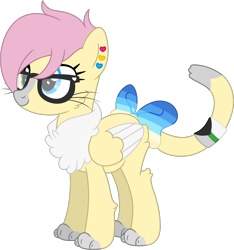 Size: 1518x1621 | Tagged: safe, artist:pure-blue-heart, oc, oc:banana smoothie, cat, cat pony, hybrid, original species, pegasus, pony, blue eyes, bow, butt fluff, cat tail, cheek fluff, chest fluff, colored wings, demiromantic pride flag, ear piercing, earring, female, glasses, green eyes, heterochromia, jewelry, leg fluff, mare, panromantic pride flag, paws, pegasus oc, piercing, pink hair, pridesona, short hair, simple background, tail, tail bow, tail wrap, transparent background, uranic pride flag, whiskers, wings