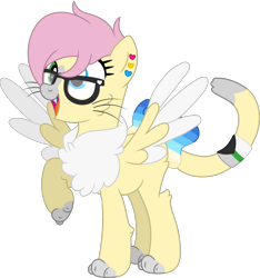 Size: 1563x1669 | Tagged: safe, artist:pure-blue-heart, oc, oc only, oc:banana smoothie, cat, cat pony, hybrid, original species, pegasus, pony, 2024 community collab, derpibooru community collaboration, blue eyes, butt fluff, cat tail, cheek fluff, chest fluff, colored wings, demiromantic pride flag, ear piercing, earring, fangs, female, glasses, green eyes, heterochromia, jewelry, leg fluff, mare, open mouth, panromantic pride flag, paws, pegasus oc, piercing, pink mane, pridesona, simple background, solo, spread wings, tail, transparent background, uranic pride flag, whiskers, wings