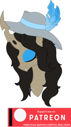 Size: 1406x2523 | Tagged: safe, artist:pure-blue-heart, oc, oc only, changeling, brown mane, bust, changeling oc, eyes closed, eyeshadow, fangs, feather, female, hat, makeup, patreon, patreon reward, portrait, simple background, smiling, transparent background