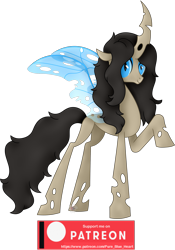 Size: 2251x3220 | Tagged: safe, artist:pure-blue-heart, oc, oc only, changeling, blue eyes, brown mane, changeling oc, concave belly, female, high res, horn, long horn, long legs, long tail, mare, patreon, patreon reward, raised hoof, simple background, skinny, smiling, standing, tail, tall, thin, transparent background
