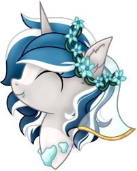 Size: 825x1024 | Tagged: safe, artist:pure-blue-heart, oc, oc only, pony, unicorn, bust, closed species, crysvalonia, eyes closed, fangs, female, floral head wreath, flower, gemstone pony, gemstones, gift art, horn, portrait, simple background, smiling, transparent background, unicorn oc, veil