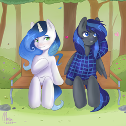 Size: 3000x3000 | Tagged: safe, artist:merisa, oc, oc only, bee, butterfly, insect, pegasus, pony, unicorn, semi-anthro, arm hooves, belly button, bench, blushing, bush, clothes, commission, date, duo, female, flower, grass, heart, high res, male, mare, park, rock, sitting, stallion, tree