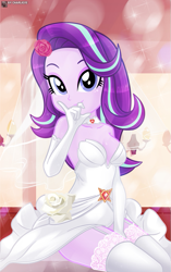 Size: 627x998 | Tagged: safe, artist:charliexe, starlight glimmer, human, equestria girls, g4, adorasexy, bare shoulders, beautisexy, breasts, bride, busty starlight glimmer, cleavage, clothes, cute, dress, evening gloves, eyebrows, female, garter belt, garters, glimmerbetes, gloves, long gloves, looking at you, sexy, sitting, sleeveless, smiling, smiling at you, socks, solo, stockings, strapless, thigh highs, thigh socks, wedding dress