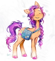 Size: 999x1098 | Tagged: safe, artist:lutraviolet, sunny starscout, earth pony, pony, g5, bag, braid, braided ponytail, cute, eyes closed, female, happy, mare, ponytail, smiling, solo, sunnybetes
