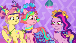 Size: 3072x1727 | Tagged: safe, screencap, pipp petals, posey bloom, windy, earth pony, pegasus, pony, bridlewoodstock (tell your tale), g5, my little pony: tell your tale, spoiler:g5, spoiler:my little pony: tell your tale, spoiler:tyts01e55, cellphone, eyebrows, female, frown, mare, phone, raised eyebrow, smartphone, smiling, trio, trio female