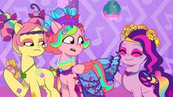 Size: 3072x1727 | Tagged: safe, screencap, pipp petals, posey bloom, windy, earth pony, pegasus, pony, bridlewoodstock (tell your tale), g5, my little pony: tell your tale, spoiler:g5, spoiler:my little pony: tell your tale, spoiler:tyts01e55, adorapipp, cellphone, cute, eyebrows, eyes closed, female, frown, mare, open mouth, phone, raised eyebrow, smartphone, smiling, trio, trio female