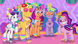 Size: 3072x1727 | Tagged: safe, screencap, hitch trailblazer, izzy moonbow, pipp petals, sunny starscout, zipp storm, earth pony, pegasus, pony, unicorn, bridlewoodstock (tell your tale), g5, my little pony: tell your tale, spoiler:g5, spoiler:my little pony: tell your tale, spoiler:tyts01e55, female, glasses, grin, male, mane five, mane stripe sunny, mare, smiling, stallion, starry eyes, sunglasses, sunglasses on head, wingding eyes