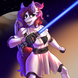 Size: 3000x3000 | Tagged: safe, artist:fap_chop, oc, oc only, oc:jade jump, bat pony, anthro, armor, bat pony oc, commission, high res, jedi, lightsaber, not sweetie belle, star wars, weapon, ych result