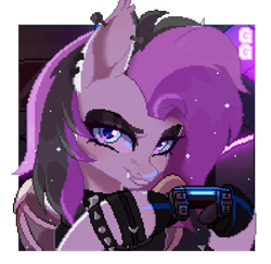 Size: 700x680 | Tagged: safe, artist:zakypo, oc, oc:moonstone, bat pony, bat pony oc, commission, eyeshadow, gaming, makeup, pixel art, ych result