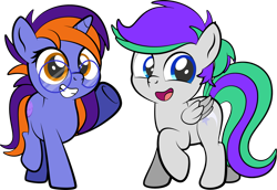 Size: 1280x881 | Tagged: safe, artist:alexdti, oc, oc only, oc:bright comet, oc:violet moonlight, pegasus, pony, unicorn, colt, female, filly, foal, glasses, male, simple background, transparent background