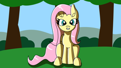 Size: 1920x1080 | Tagged: safe, artist:platinumdrop, fluttershy, g4, sitting, smiling, solo