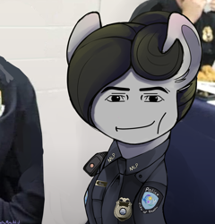 Size: 2774x2892 | Tagged: safe, edit, oc, oc:mimic, pony, clothes, female, funny, high res, mare, meme, milf, police officer, police pony, police uniform, roblox man face