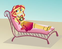 Size: 2000x1584 | Tagged: safe, artist:nie-martw-sie-o-mnie, sunset shimmer, human, equestria girls, g4, arm behind back, beach, belly button, bondage, bound and gagged, cloth gag, clothes, female, gag, sarong, solo, sunset shimmer's beach shorts swimsuit, swimsuit, tied up