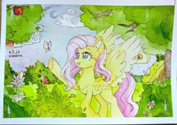 Size: 3380x2373 | Tagged: safe, artist:泽虹sunbow, fluttershy, butterfly, pegasus, pony, g4, apple, cloud, cute, ear fluff, flower, food, high res, moon, solo, traditional art, tree