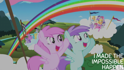 Size: 2000x1125 | Tagged: safe, edit, edited screencap, editor:quoterific, screencap, alula, cheery, cotton cloudy, cupid (g4), mango dash, pinkie feather, pluto, rainy feather, sweet pop, tootsie flight, tornado bolt, pegasus, pony, g4, the cutie mark chronicles, cheering, cloud, rainbow trail