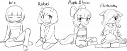 Size: 1830x750 | Tagged: safe, artist:lumineko, apple bloom, fluttershy, earth pony, goat, human, pegasus, anthro, g4, blushing, deltarune, eyes closed, kris, ralsei, simple background, sketch, text, white background