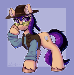 Size: 2480x2520 | Tagged: safe, artist:dandy, oc, oc only, oc:fila brightspark, earth pony, pony, clothes, ear fluff, earth pony oc, female, glasses, hat, high res, looking at you, ponytail, shirt, simple background, smiling, solo, unshorn fetlocks, vest