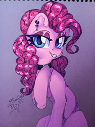 Size: 3072x4080 | Tagged: safe, artist:jsunlight, pinkie pie, earth pony, pony, g4, choker, chokerpie, ear piercing, lidded eyes, looking at you, piercing, smiling, smiling at you, solo