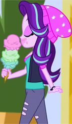 Size: 1778x3072 | Tagged: safe, screencap, starlight glimmer, human, equestria girls, equestria girls specials, g4, my little pony equestria girls: mirror magic, beanie, breasts, canterlot mall, cropped, eating, eyes closed, female, food, hat, ice cream, ice cream cone, smiling, solo, that human sure does love ice cream, that pony sure does love ice cream, watch