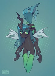 Size: 1553x2160 | Tagged: safe, artist:kuroikamome, queen chrysalis, changeling, changeling queen, g4, clothes, eyeshadow, female, lidded eyes, makeup, smiling, socks, solo