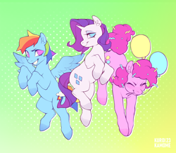 Size: 2560x2233 | Tagged: safe, artist:kuroikamome, part of a set, pinkie pie, rainbow dash, rarity, earth pony, pegasus, pony, unicorn, g4, balloon, eyes closed, eyeshadow, female, grin, high res, lidded eyes, makeup, mare, mouth hold, smiling, spread wings, trio, wings