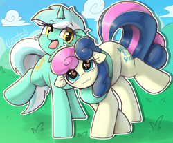 Size: 1030x852 | Tagged: safe, artist:llametsul, bon bon, lyra heartstrings, sweetie drops, earth pony, pony, unicorn, g4, adorabon, atg 2023, blushing, couple, cute, duo, duo female, female, heart, heart eyes, horn, hug, lesbian, love, lyrabetes, mare, newbie artist training grounds, open mouth, open smile, ship:lyrabon, shipping, smiling, tongue out, wavy mouth, wingding eyes