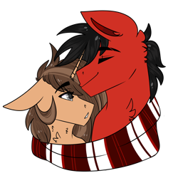 Size: 5000x5000 | Tagged: safe, artist:dejji_vuu, oc, oc only, earth pony, pony, unicorn, clothes, duo, female, male, mare, scarf, shared clothing, shared scarf, simple background, stallion, striped scarf, transparent background