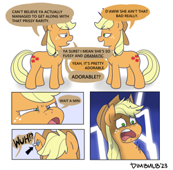 Size: 2656x2616 | Tagged: safe, artist:dimbulb, applejack, earth pony, pony, unicorn, g4, comic, duo, ear piercing, earring, female, high res, implied lesbian, implied marriage, implied rarijack, implied rarity, implied shipping, jewelry, mare, piercing, self paradox, self ponidox, shocked, simple background, suspicious, time paradox, white background