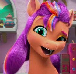Size: 1378x1332 | Tagged: safe, screencap, sunny starscout, earth pony, pony, g5, my little pony: make your mark, my little pony: make your mark chapter 4, sunny side up, spoiler:g5, spoiler:my little pony: make your mark, spoiler:my little pony: make your mark chapter 4, spoiler:mymc04e04, book, cropped, faic, female, kitchen, mane stripe sunny, mare, open mouth, open smile, smiling, solo, teapot