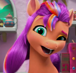 Size: 1378x1332 | Tagged: safe, screencap, sunny starscout, earth pony, pony, g5, my little pony: make your mark, my little pony: make your mark chapter 4, sunny side up, spoiler:g5, spoiler:my little pony: make your mark, book, cropped, faic, female, kitchen, mane stripe sunny, mare, open mouth, open smile, smiling, solo, teapot