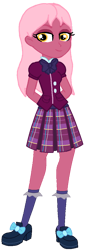 Size: 438x1272 | Tagged: safe, alternate version, artist:rainbowstarcolour262, oc, oc only, oc:taffycoat, human, equestria girls, g4, alternate hairstyle, arm behind back, bowtie, clothes, crystal prep academy uniform, eyeshadow, female, long hair, looking at you, makeup, plaid skirt, pleated skirt, school uniform, shirt, shoes, simple background, skirt, smiling, socks, solo, standing, transparent background