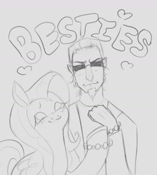 Size: 1491x1665 | Tagged: source needed, safe, artist:ombnom, fluttershy, human, pegasus, pony, g4, blushing, bracelet, clothes, duo, facial hair, female, folded wings, friendship bracelet, goatee, heart, jewelry, monochrome, raised hoof, sketch, smiling, sunglasses, wings