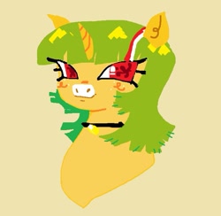 Size: 715x697 | Tagged: source needed, safe, artist:ombnom, oc, oc:burger mare, pony, unicorn, bust, collar, freckles, simple background, smiling, solo