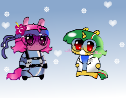 Size: 608x472 | Tagged: source needed, safe, artist:ombnom, oc, oc:burger mare, earth pony, pony, unicorn, clothes, crossover, duo, freckles, glasses, metal gear