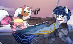 Size: 2048x1229 | Tagged: safe, artist:almond evergrow, oc, oc only, oc:donut daydream, oc:soaring spirit, food pony, pegasus, pony, unicorn, accessory, armor, coat markings, colored wings, commission, duo, duo male and female, facial markings, female, food, glasses, gun, halo, halo (series), handgun, horn, male, mare, markings, multicolored hair, multicolored mane, multicolored tail, multicolored wings, pegasus oc, pistol, ponified, sky, sprinkles, stallion, tail, three toned wings, unicorn oc, weapon, wing armor, wing brace, wings